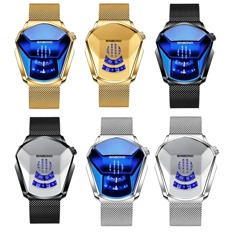 BINBOND Locomotive Concept Watch Men Live Black Technology Watch, Gold Net Belt Full Gold Blue Face, Gold Net Belt Full Gold Gold Face, Black Net Belt Black Steel Blue Face, Black Net Belt Black Steel White Face, White Net Belt White Steel Blue Face