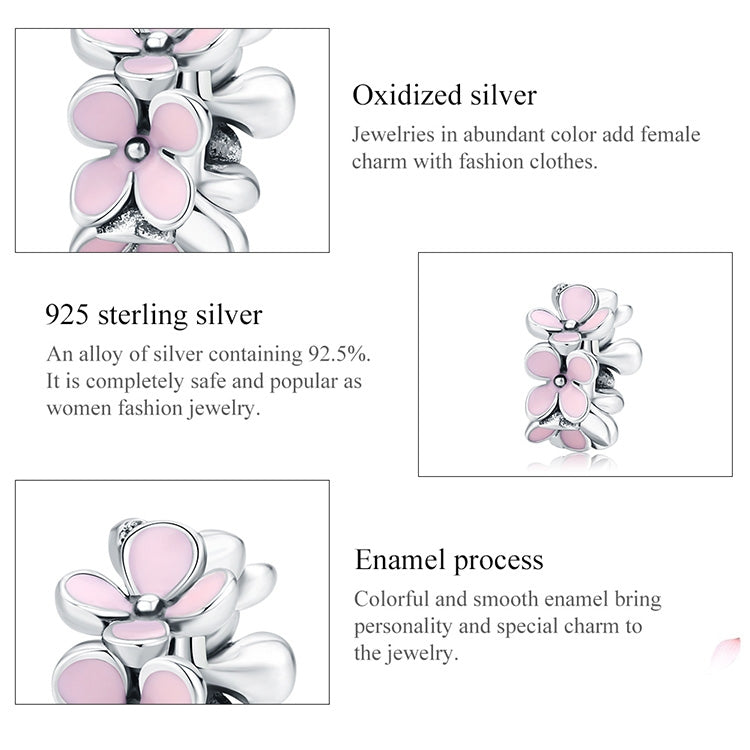 เครื่องประดับสร้อยข้อมือลูกปัด DIY รูปดอกไม้เคลือบสีชมพูเงินสเตอร์ลิง 925, SCC1484