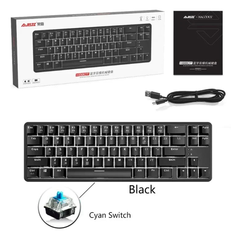 คีย์บอร์ดกลไก Ajazz K680T Mini USB แบบมีสายและไร้สาย 68 ปุ่ม สำหรับแล็ปท็อป ความยาวสาย 1.6 เมตร สวิตช์สีเขียว สีดำ สีชา