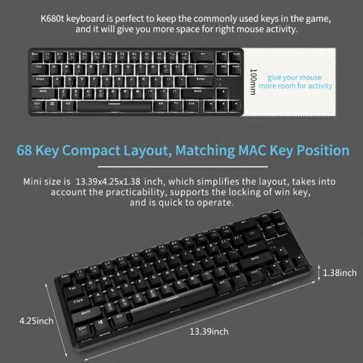 คีย์บอร์ดกลไก Ajazz K680T Mini USB แบบมีสายและไร้สาย 68 ปุ่ม สำหรับแล็ปท็อป ความยาวสาย 1.6 เมตร สวิตช์สีเขียว สีดำ สีชา