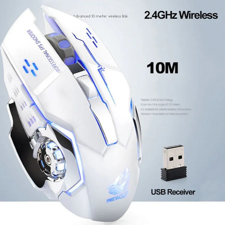 เมาส์เกมกลไกไร้สาย FREEDOM-WOLF X8 2400 DPI 6 ปุ่ม 2.4G ชาร์จไฟได้ พร้อมไฟเรืองแสง รุ่น X8 สีดำ, X8 สีเทาโลหะ, X8 สีดำดาว