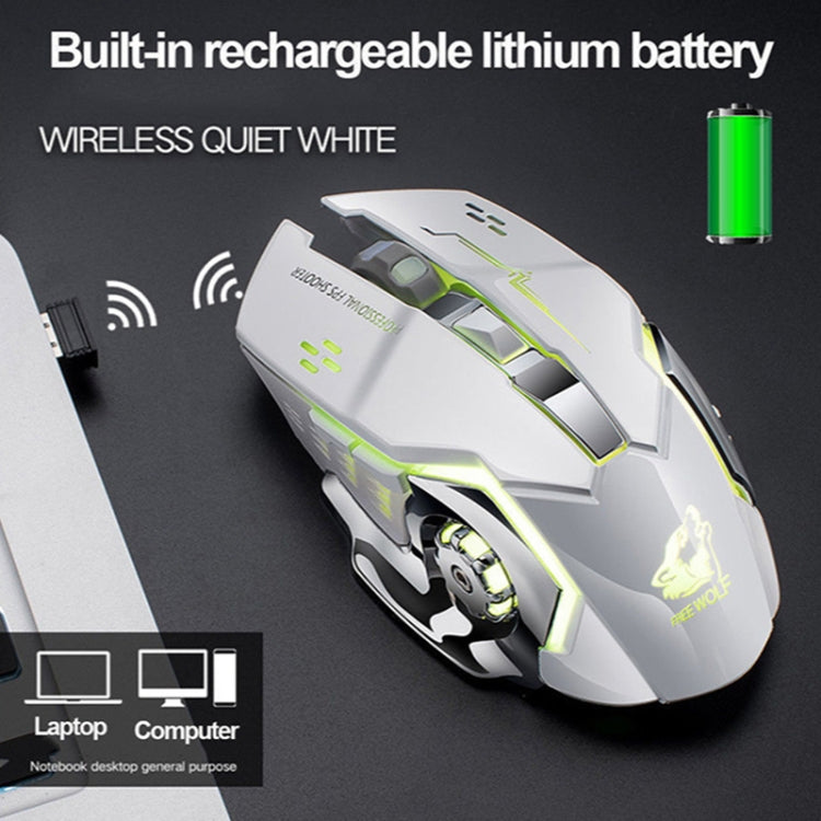 เมาส์เกมกลไกไร้สาย FREEDOM-WOLF X8 2400 DPI 6 ปุ่ม 2.4G ชาร์จไฟได้ พร้อมไฟเรืองแสง รุ่น X8 สีดำ, X8 สีเทาโลหะ, X8 สีดำดาว