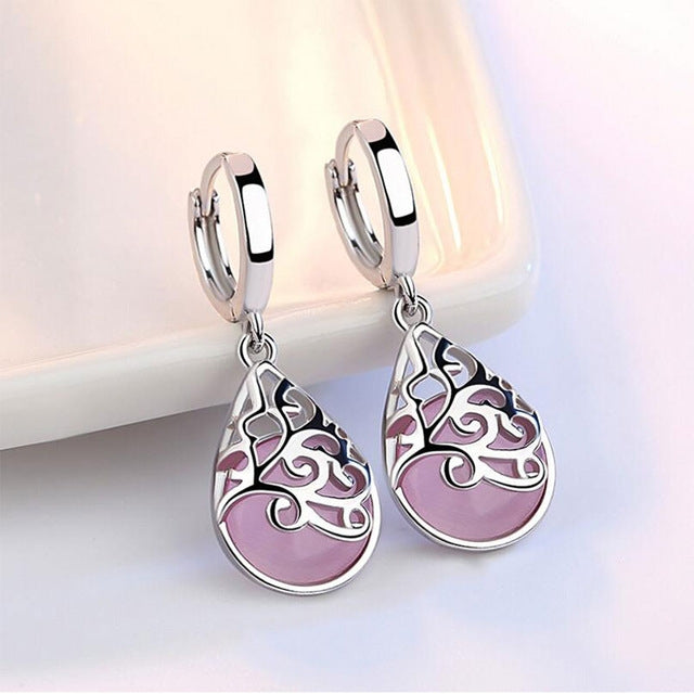 ต่างหูหยดหยาดน้ำตาโอปอลแสงจันทร์เงินสเตอร์ลิง 925 สีขาว ชมพู