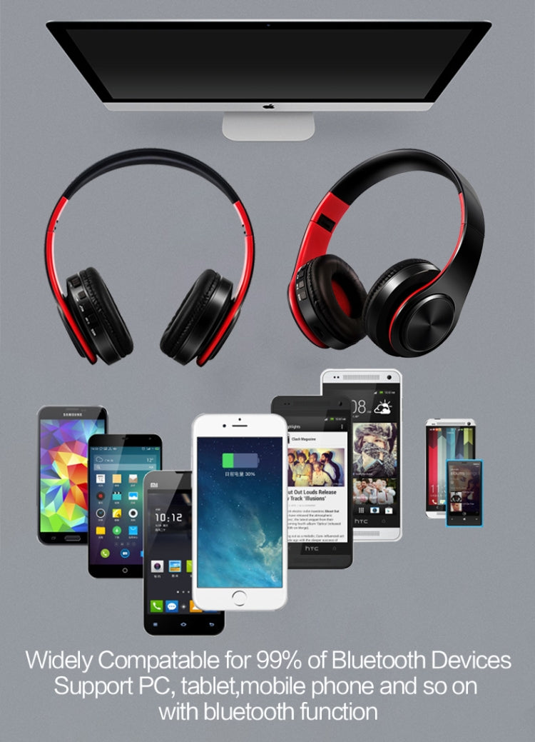 หูฟังบลูทูธสเตอริโอ HIFI สำหรับ Xiaomi iPhone Samsung แท็บเล็ต พร้อมไมโครโฟน รองรับการ์ด SD และวิทยุ FM
