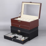 กล่องนาฬิกาหนัง PU 12 ช่อง กล่องเครื่องประดับสองชั้น สำหรับเก็บและโชว์ สีน้ำตาลหนัง PU