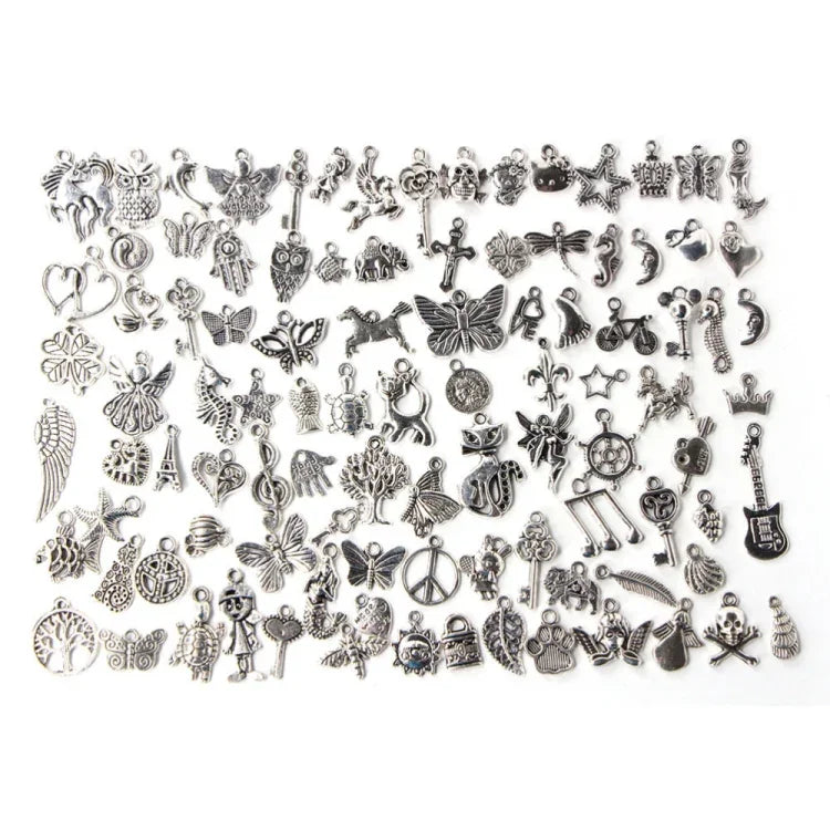 สร้อยข้อมือและจี้แฟชั่นสีเงินโบราณผสม 100 ชิ้น DIY เครื่องประดับยุโรปทำมือ