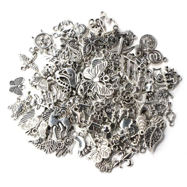 สร้อยข้อมือและจี้แฟชั่นสีเงินโบราณผสม 100 ชิ้น DIY เครื่องประดับยุโรปทำมือ