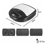 เครื่องทำแซนด์วิช 3 in 1 อเนกประสงค์ เครื่องทำวาฟเฟิล เครื่องทำแพนินี เครื่องทำอาหารเช้า ปลั๊ก EU