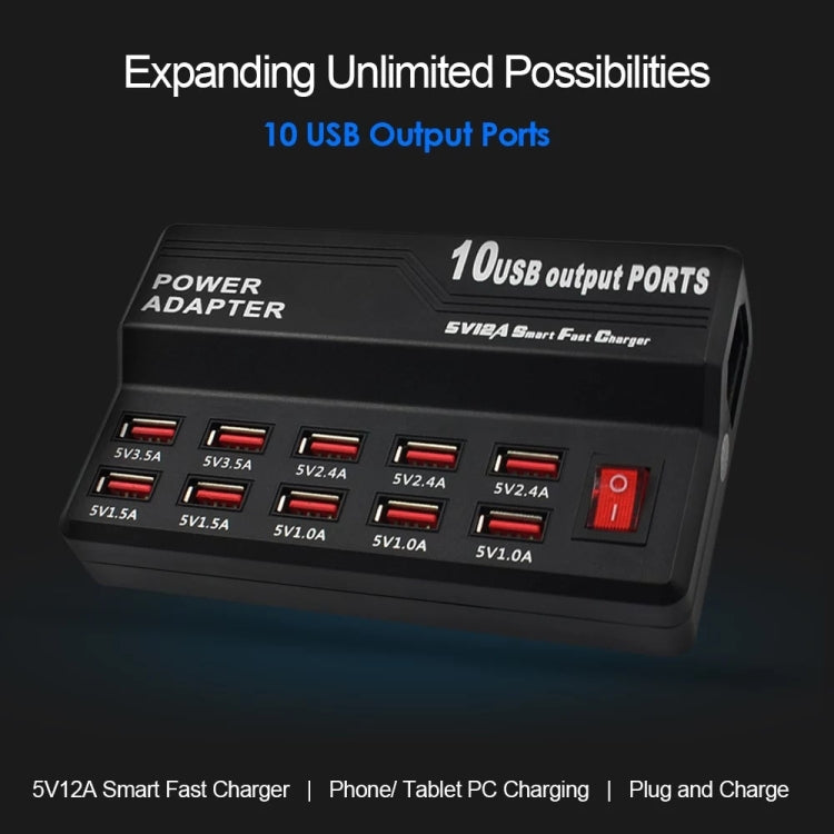 ที่ชาร์จดิจิทัลอิเล็กทรอนิกส์อเนกประสงค์ USB 100-240V ชาร์จเร็วอัจฉริยะ ปลั๊ก US 10 พอร์ต, 12 พอร์ต