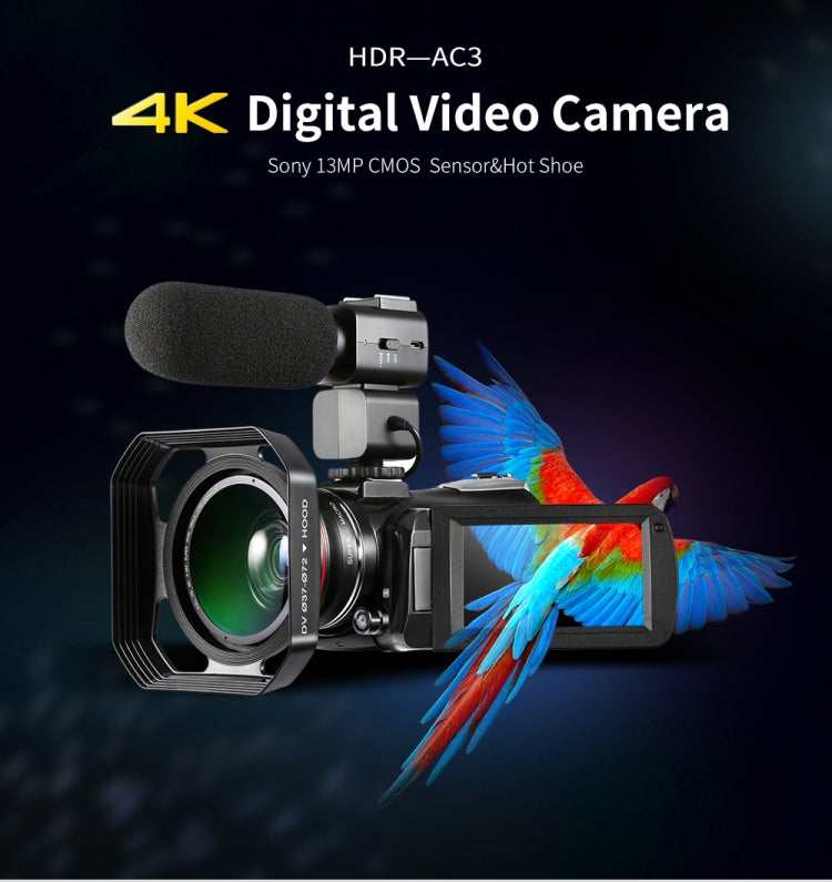 ORDRO AC3 กล้องดิจิตอล DV พร้อมหน้าจอ IPS 3.1 นิ้ว 4K Full HD 13MP พร้อม WiFi และการมองเห็นในที่มืด, รุ่นมาตรฐาน, มาตรฐาน + ไมโครโฟน, มาตรฐาน + ไมโครโฟน + ขาตั้งมือถือ, มาตรฐาน + ไมโครโฟน + ไฟเติมแสง