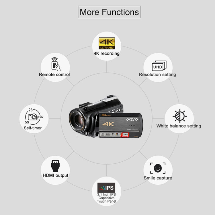ORDRO AC5 กล้องวิดีโอดิจิตอล DV ซูมออปติคอล 12X 4K HD พร้อม WiFi และการมองเห็นในที่มืด, รุ่นมาตรฐาน, มาตรฐาน + ไมโครโฟน, มาตรฐาน + ไมโครโฟน + ขาตั้งมือถือ, มาตรฐาน + ไมโครโฟน + ไฟเติมแสง