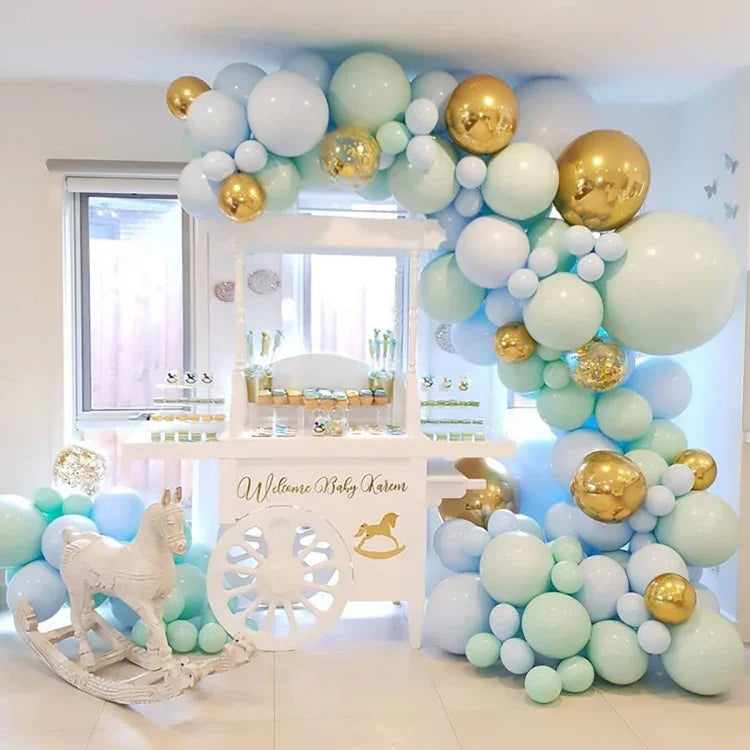 ชุดลูกโป่งโซ่สีเขียวและน้ำเงินแมคคารอนสำหรับงานวันเกิดและงานแต่งงาน ตกแต่งฉากหลังปาร์ตี้