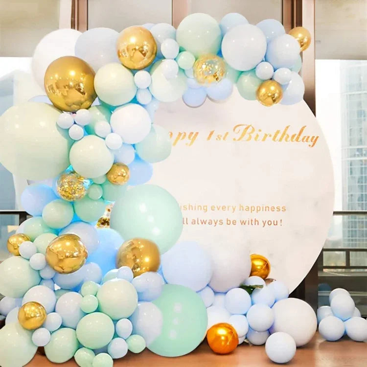 ชุดลูกโป่งโซ่สีเขียวและน้ำเงินแมคคารอนสำหรับงานวันเกิดและงานแต่งงาน ตกแต่งฉากหลังปาร์ตี้
