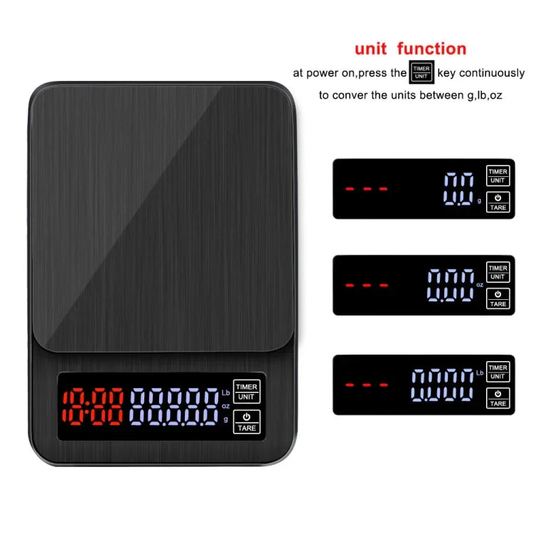 เครื่องชั่งกาแฟแบบมือกดสำหรับใช้ในครัวเรือน พร้อม USB และตัวจับเวลา 3 กก./0.1 กรัม, 5 กก./0.1 กรัม, 10 กก./1 กรัม