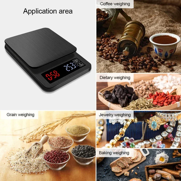 เครื่องชั่งกาแฟแบบมือกดสำหรับใช้ในครัวเรือน พร้อม USB และตัวจับเวลา 3 กก./0.1 กรัม, 5 กก./0.1 กรัม, 10 กก./1 กรัม