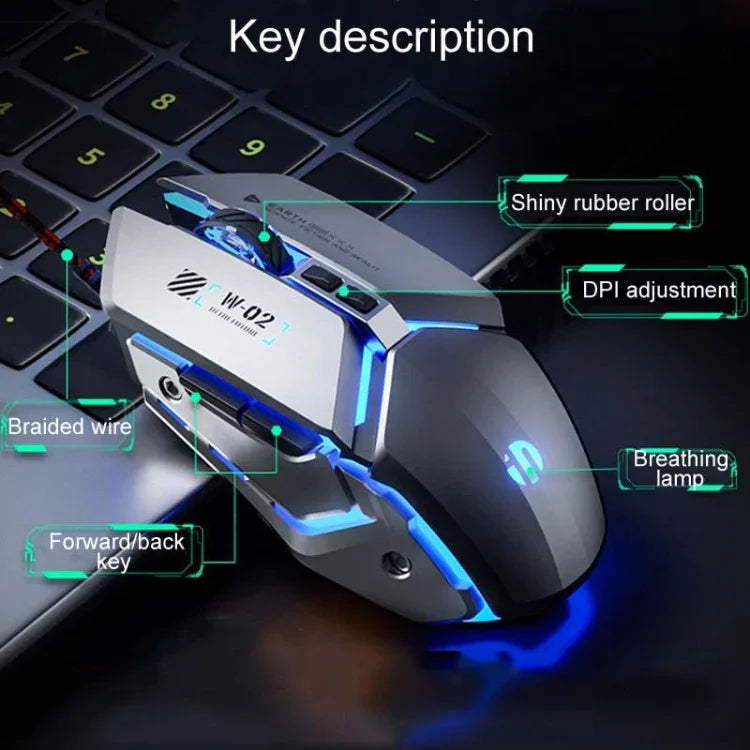 เมาส์มีสาย Inphic W-02 6 ปุ่ม สำหรับบ้านและสำนักงาน พร้อมไฟเรืองแสง โปรแกรมมาโคร USB เมคานิคอล เกม, W-02 (สีเทาเมทัลลิก)