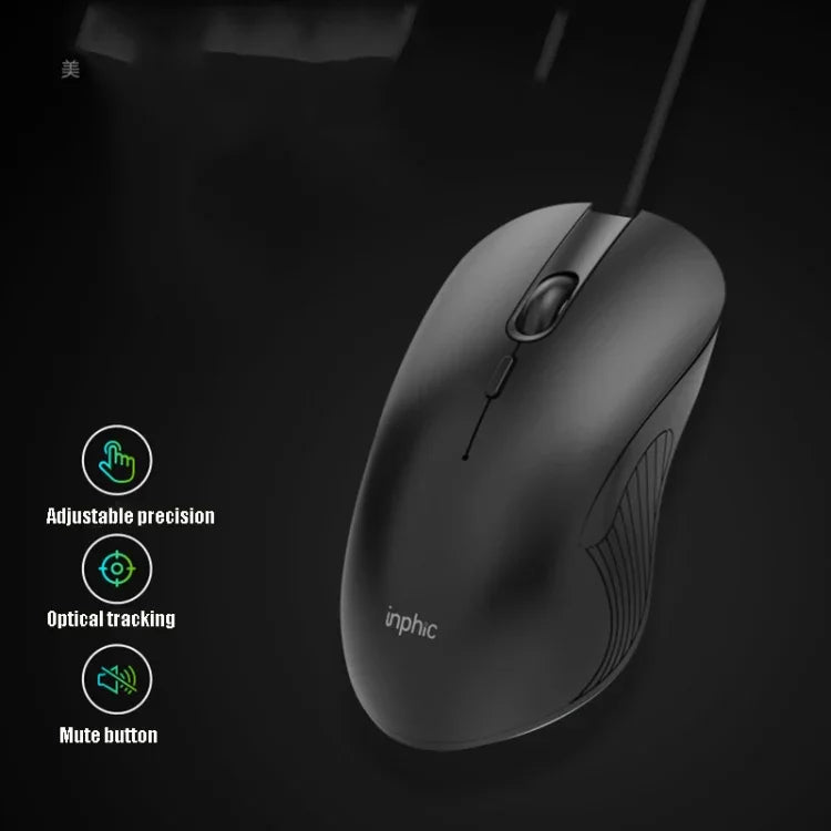 เมาส์มีสาย Inphic PB1 สำหรับธุรกิจและสำนักงาน เงียบ โปรแกรมมาโคร เกม, ความยาวสาย: 1.5m, ไฟหายใจคลาสสิกด้านหลัง, ไฟหายใจสีขาวด้านหน้าแบบด้าน