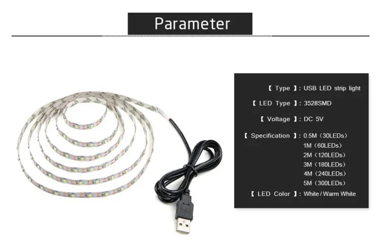 ไฟแถบ LED SMD 2835 อีพ็อกซี่ USB สำหรับตกแต่งโต๊ะคริสต์มาสและไฟพื้นหลังทีวี, 1m, 5m