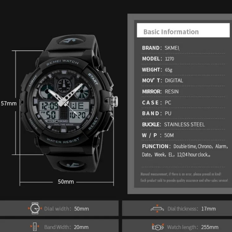 SKMEI 1270 Men Waterproof Dual Display Digital Watch Outdoor Sports Watch, Red, Green, Blue, Gray, Golden