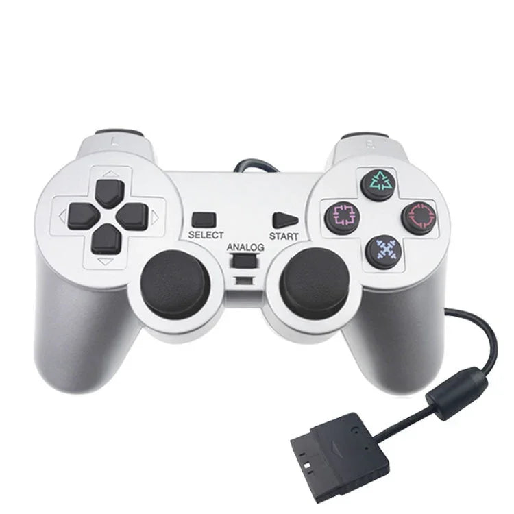 จอยเกมแบบมีสาย จอยสั่นมอเตอร์คู่ สีเงิน เหมาะสำหรับ PS2 สำหรับ PS2