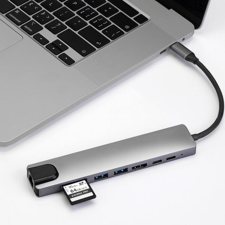 สถานีเชื่อมต่อ HUB WC7367 8-in-1 87W Type-C เป็น PD+USB3.0/USB2.0+SD+TF+HDMI+RJ45+Type-C, WC7367