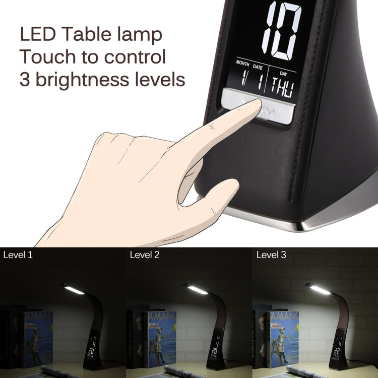 โคมไฟตั้งโต๊ะหนัง LED 5W ปรับความสว่างได้ 3 ระดับ พร้อมแสดงอุณหภูมิ/นาฬิกา/ปฏิทิน สีดำ รุ่น U2