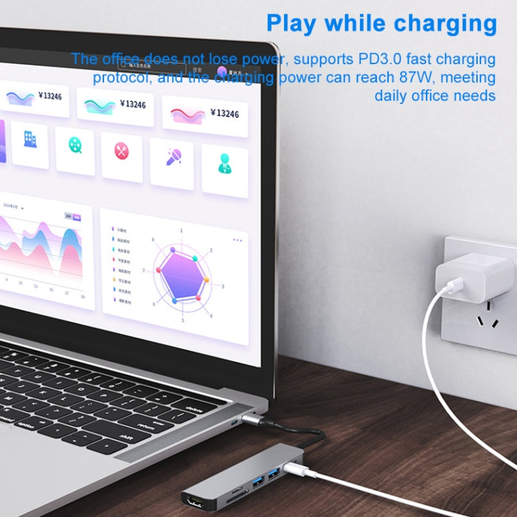 สถานีเชื่อมต่อ HUB อเนกประสงค์ 6-in-1 USB-C / Type-C เป็น 4K HDMI + ช่องใส่การ์ด SD / TF + ชาร์จ PD USB-C / Type-C + 2 พอร์ต USB 3.0, 6-in-1