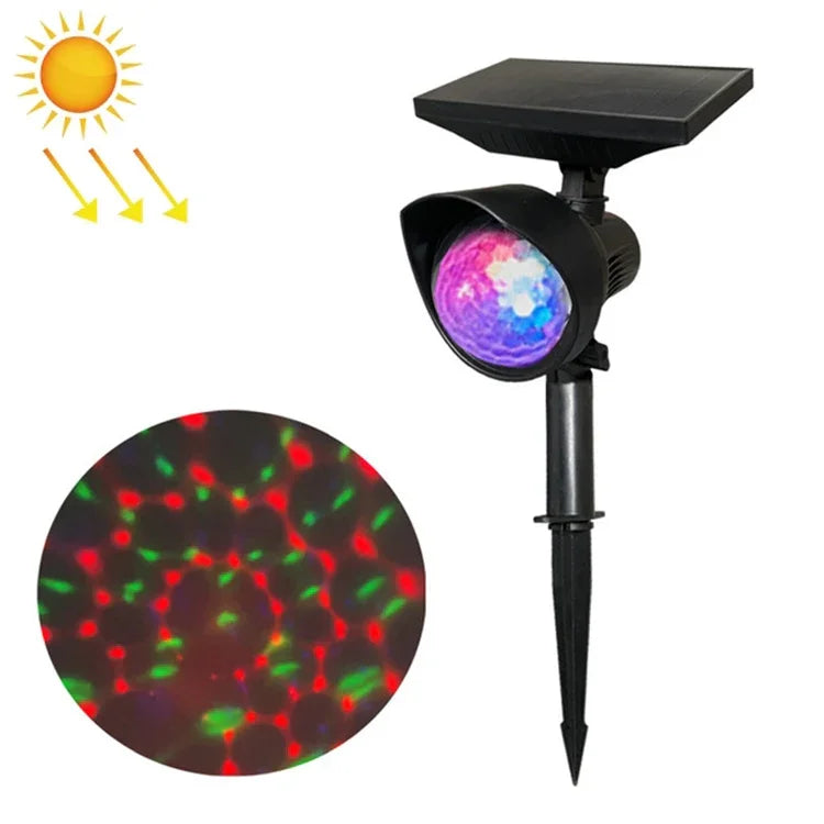 โคมไฟโปรเจคเตอร์หมุนพลังงานแสงอาทิตย์สีสันสดใสสำหรับสนามหญ้าสวน หมุน RGB อัปเกรด
