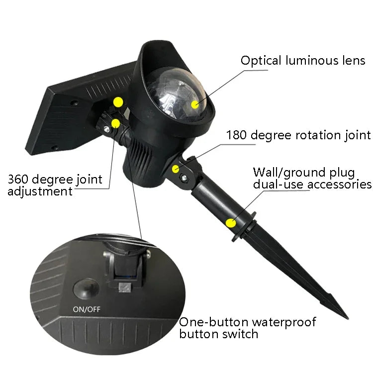 โคมไฟโปรเจคเตอร์หมุนพลังงานแสงอาทิตย์สีสันสดใสสำหรับสนามหญ้าสวน หมุน RGB อัปเกรด