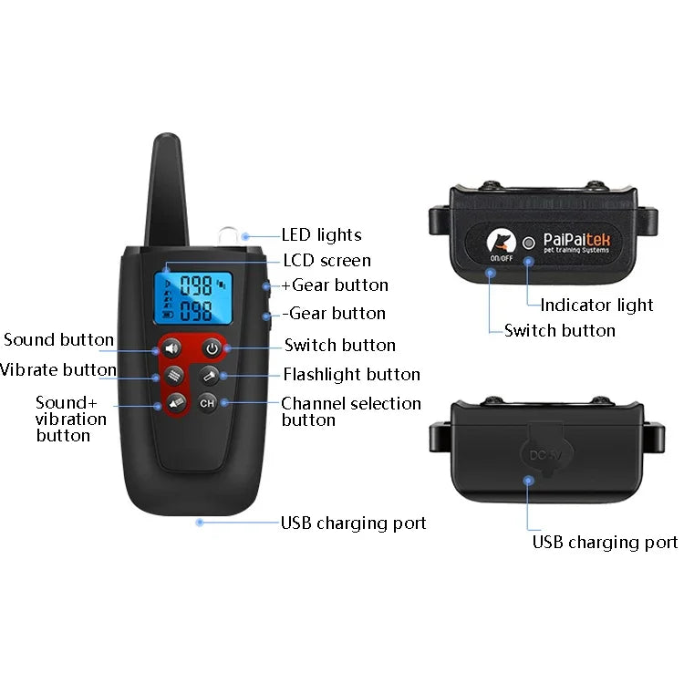 PaiPaitek PD526V-2 1 ใน 2 ความเร็ว 100 การสั่นสะเทือนควบคุมเสียง รีโมทคอนโทรล อุปกรณ์ฝึกสุนัข ปลอกคอกันเห่าอิเล็กทรอนิกส์, PD526V-2