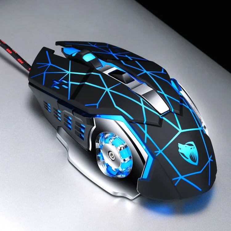 เมาส์เกมมีสาย T-WOLF V6 อินเทอร์เฟซ USB 6 ปุ่ม 3200 DPI เมคานิคอล โปรแกรมมาโคร พร้อมไฟ 7 สี, ความยาวสาย: 1.5m, รุ่นโปรแกรมมาโครพร้อมเสียง สีดำเงิน, รุ่นโปรแกรมมาโครพร้อมเสียง สีเทาเหล็ก