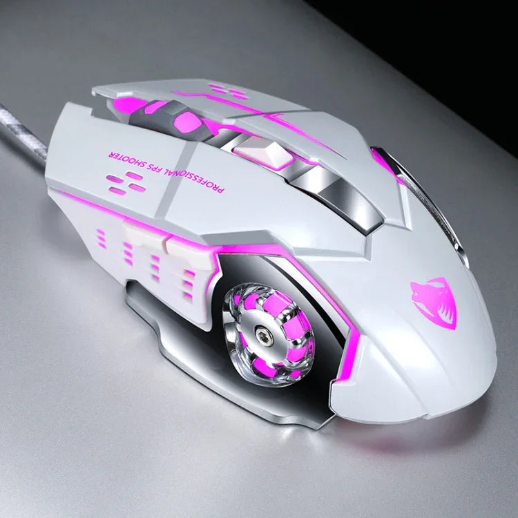 เมาส์เกมมีสาย T-WOLF V6 อินเทอร์เฟซ USB 6 ปุ่ม 3200 DPI เมคานิคอล โปรแกรมมาโคร พร้อมไฟ 7 สี, ความยาวสาย: 1.5m, รุ่นโปรแกรมมาโครพร้อมเสียง สีดำเงิน, รุ่นโปรแกรมมาโครพร้อมเสียง สีเทาเหล็ก