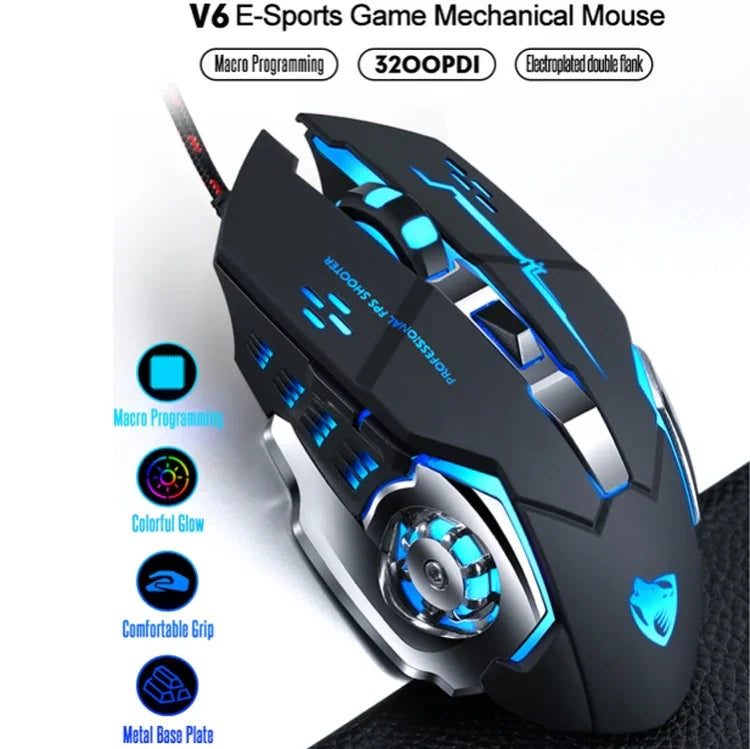 เมาส์เกมมีสาย T-WOLF V6 อินเทอร์เฟซ USB 6 ปุ่ม 3200 DPI เมคานิคอล โปรแกรมมาโคร พร้อมไฟ 7 สี, ความยาวสาย: 1.5m, รุ่นโปรแกรมมาโครพร้อมเสียง สีดำเงิน, รุ่นโปรแกรมมาโครพร้อมเสียง สีเทาเหล็ก