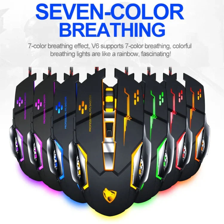 เมาส์เกมมีสาย T-WOLF V6 อินเทอร์เฟซ USB 6 ปุ่ม 3200 DPI เมคานิคอล โปรแกรมมาโคร พร้อมไฟ 7 สี, ความยาวสาย: 1.5m, รุ่นโปรแกรมมาโครพร้อมเสียง สีดำเงิน, รุ่นโปรแกรมมาโครพร้อมเสียง สีเทาเหล็ก