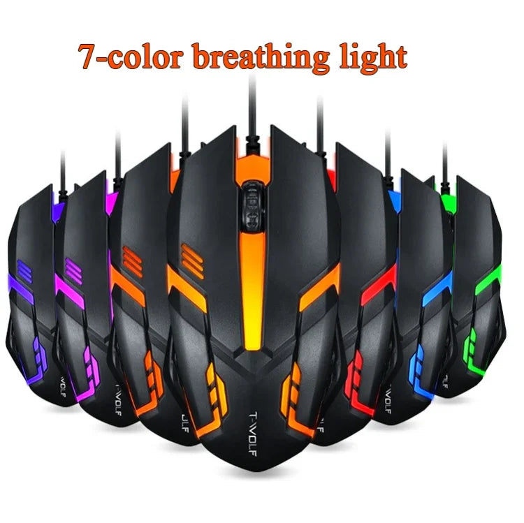 เมาส์มีสาย T-WOLF V1 USB 3 ปุ่ม 1200 DPI ไฟหลัง 7 สี 2 ชิ้น ความยาวสาย: 1.35 ม.