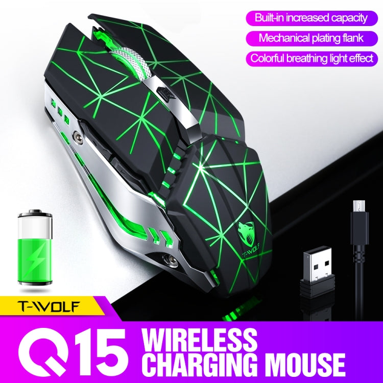 เมาส์เกมไร้สายชาร์จได้ T-WOLF Q15 6 ปุ่ม 1600 DPI เงียบ สำหรับสำนักงาน พร้อมไฟหายใจ 7 สี, สีเทคโนโลยีดำ, สีดำดาว, สีขาวมุก