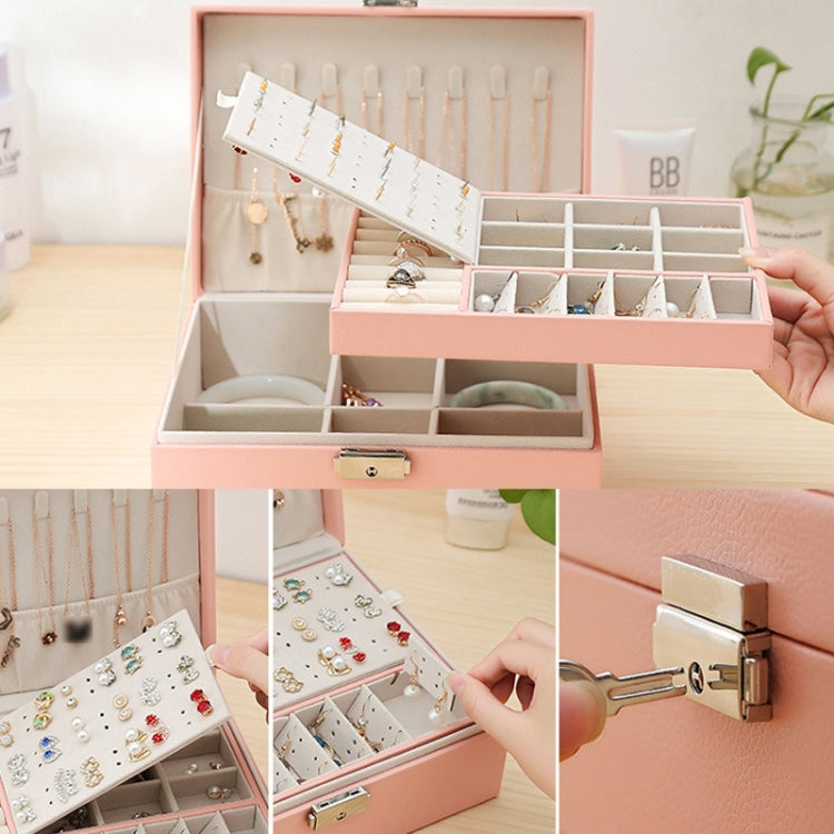 กล่องเครื่องประดับไม้สองชั้นเรียบง่ายพร้อมล็อก กล่องใส่ต่างหู สีขาว สีเทา สีเขียว สีดำ สีชมพู
