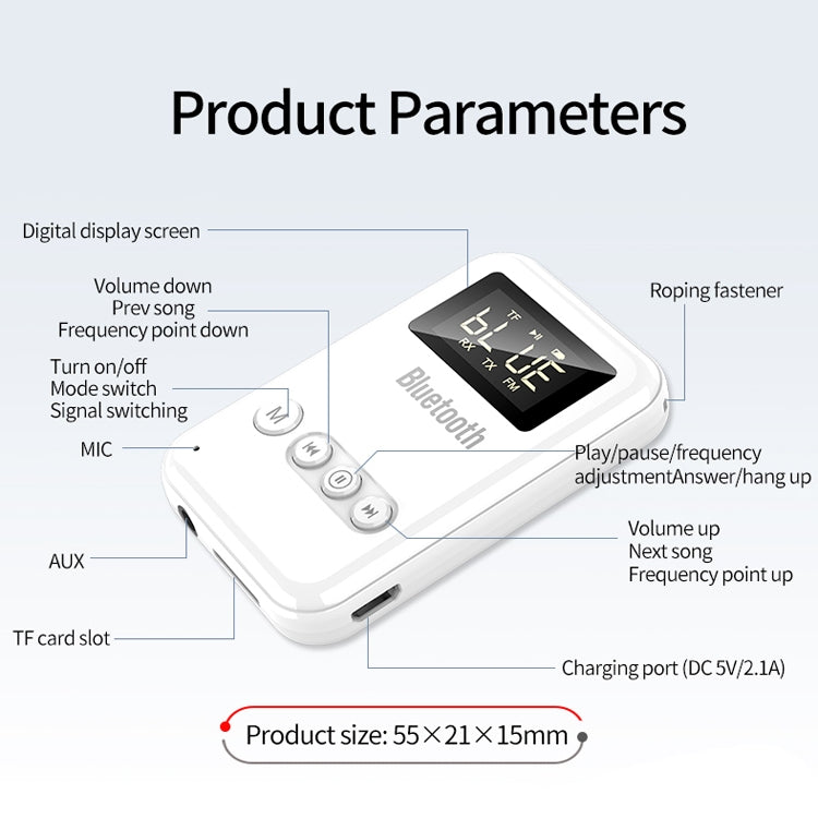 อะแดปเตอร์รับส่งบลูทูธ 5.0 2-in-1 สำหรับคอมพิวเตอร์ ลำโพง รถยนต์ FM สีขาว