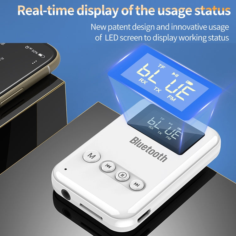 อะแดปเตอร์รับส่งบลูทูธ 5.0 2-in-1 สำหรับคอมพิวเตอร์ ลำโพง รถยนต์ FM สีขาว