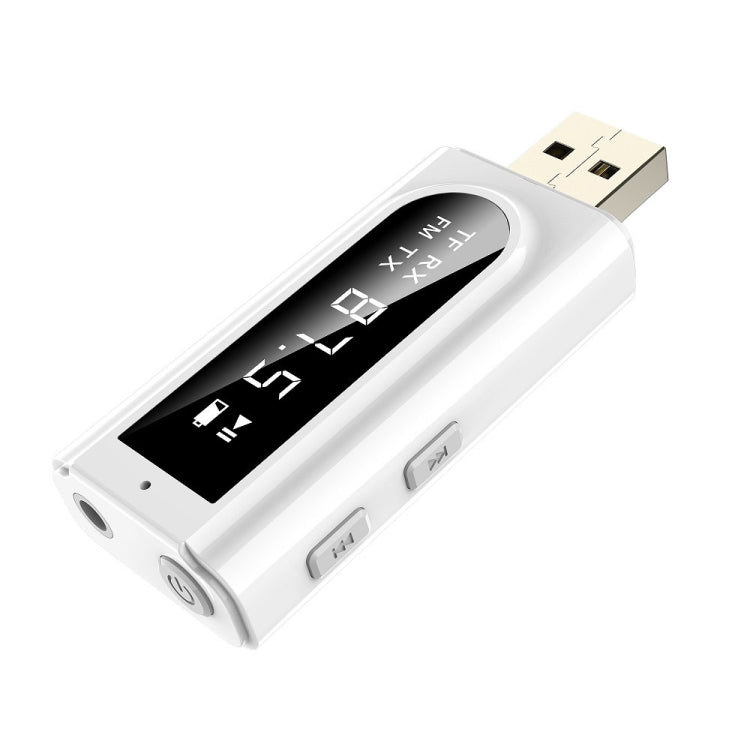 อะแดปเตอร์รับบลูทูธ 5.0 USB สำหรับรถยนต์ พร้อมส่งสัญญาณ FM + AUX ออกเสียงสเตอริโอคู่ รุ่น K9 สีขาว