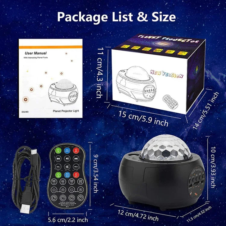 DQ-M3 โคมไฟหมุนท้องฟ้าดาว LED พร้อมบลูทูธเพลง โปรเจคเตอร์ดาวเคราะห์และมหาสมุทร รองรับการ์ด TF, สไตล์:, USB + บลูทูธ, แบตเตอรี่ + บลูทูธ