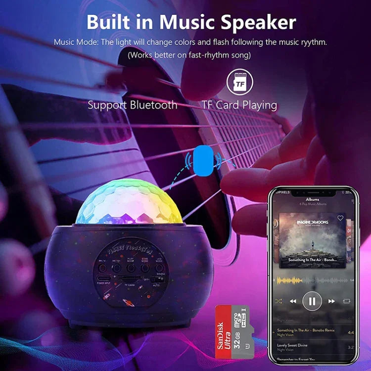 DQ-M3 โคมไฟหมุนท้องฟ้าดาว LED พร้อมบลูทูธเพลง โปรเจคเตอร์ดาวเคราะห์และมหาสมุทร รองรับการ์ด TF, สไตล์:, USB + บลูทูธ, แบตเตอรี่ + บลูทูธ