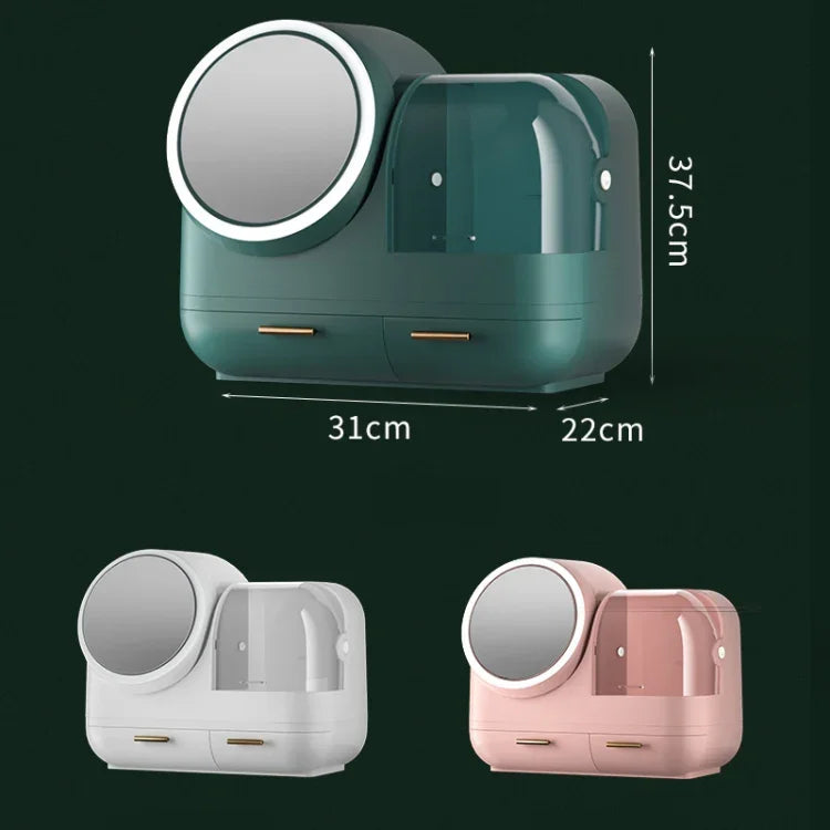 กล่องเก็บเครื่องสำอางพร้อมกระจกตั้งโต๊ะและฝุ่น พร้อมไฟ LED, รุ่นไฟ LED สีเขียว, รุ่นไฟ LED สีชมพู, รุ่นไฟ LED สีขาว, รุ่นไฟ LED สีเขียวพร้อมพัดลม, รุ่นไฟ LED สีชมพูพร้อมพัดลม, รุ่นไฟ LED สีขาวพร้อมพัดลม
