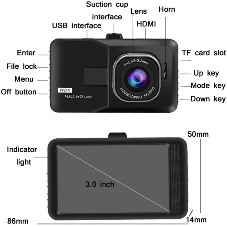 เครื่องบันทึกวิดีโอหน้ารถมุมกว้าง HD 1080P ขนาด 3.0 นิ้ว พร้อมภาพถอยหลัง, ความละเอียดปกติ บันทึกเดี่ยว (สีดำ)