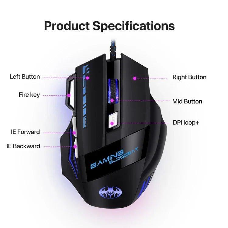 เมาส์เกม GAMING BLOODBAT GM02 แบบมีสาย USB 7 ปุ่ม พร้อมไฟดิจิทัลและเซ็นเซอร์ออปโตอิเล็กทรอนิกส์