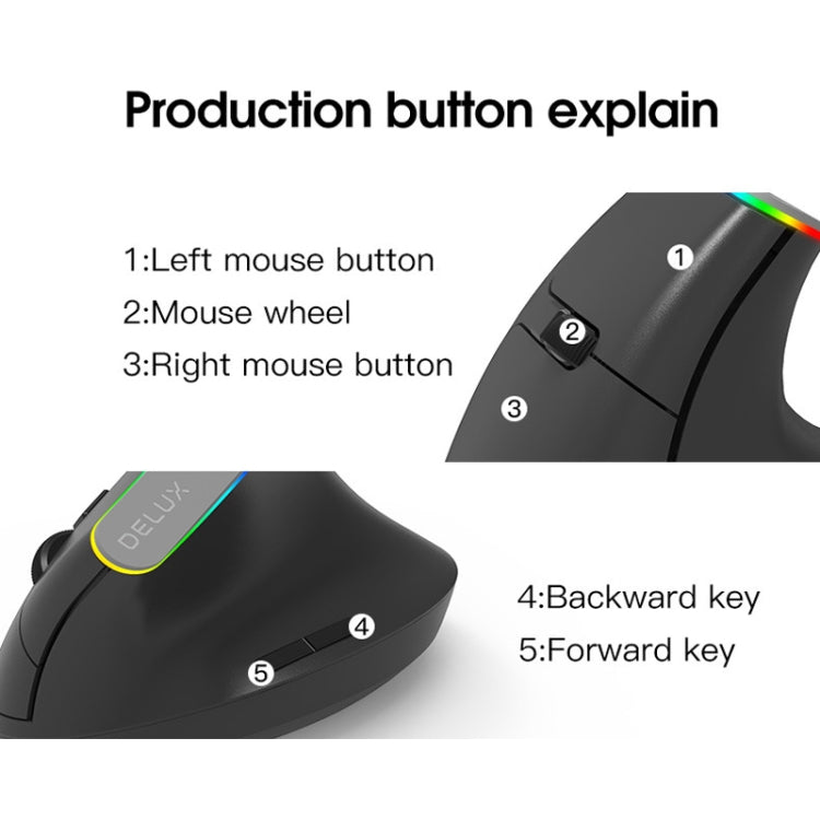 เมาส์ไร้สาย Bluetooth แนวตั้ง DELUX M618C 6 ปุ่ม 1600 DPI โหมดคู่ พร้อมไฟ RGB, รุ่น M618C (สีขาว), M618C (สีดำ)