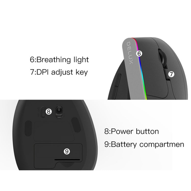 เมาส์ไร้สาย Bluetooth แนวตั้ง DELUX M618C 6 ปุ่ม 1600 DPI โหมดคู่ พร้อมไฟ RGB, รุ่น M618C (สีขาว), M618C (สีดำ)