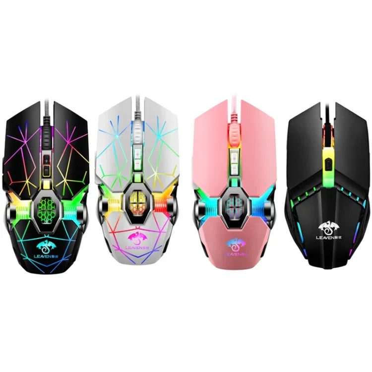 เมาส์เกมกลไก LEAVEN 7 ปุ่ม 4000 DPI มีสาย USB สำหรับคอมพิวเตอร์สำนักงาน พร้อมไฟ RGB, สายยาว 1.5 ม., รุ่น S30 สีดำ, S30 สีขาว, S30 สีชมพู, S10 สีดำ