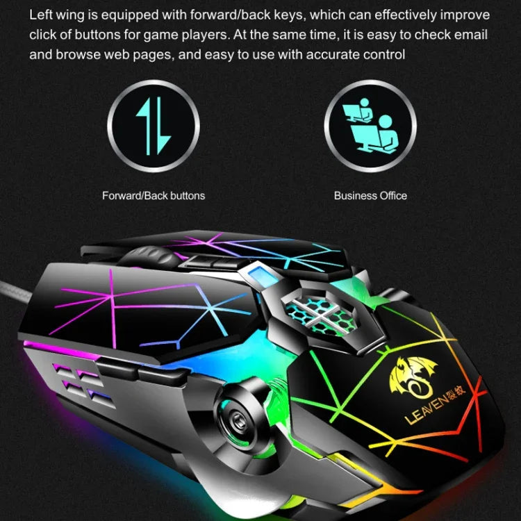 เมาส์เกมกลไก LEAVEN 7 ปุ่ม 4000 DPI มีสาย USB สำหรับคอมพิวเตอร์สำนักงาน พร้อมไฟ RGB, สายยาว 1.5 ม., รุ่น S30 สีดำ, S30 สีขาว, S30 สีชมพู, S10 สีดำ