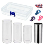 ชุด 4-in-1 ประกอบด้วย แถบเลื่อน Plexiglass + แถบเลื่อนสแตนเลส + ปิ๊กนิ้วกีตาร์เซลลูลอยด์ + กล่องพลาสติก, แถบเลื่อน Plexiglass